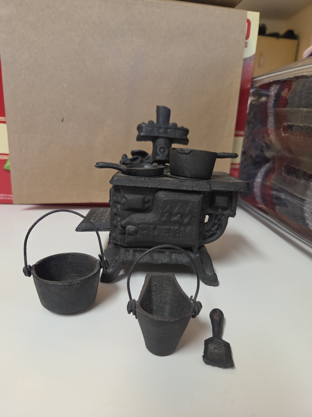 Vintage Queen Black Miniature Cast Iron Stove with Pots and Buckets